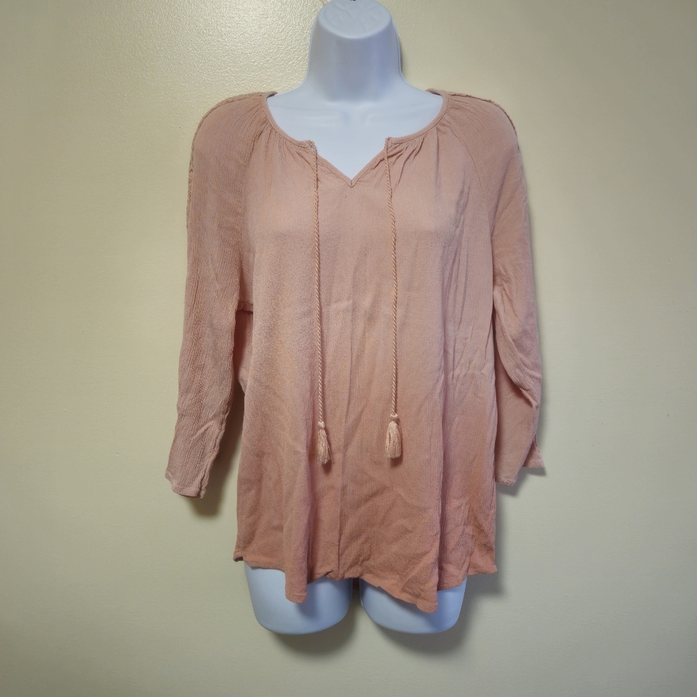 Como Vintage Blouse Boho V-Neck Crochet Sleeve Ombre Peasant Peach Women XL